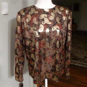 Dina Ariel Vintage Long Sleeve Floral  Metallic Top w/ Light shoulder paddings
